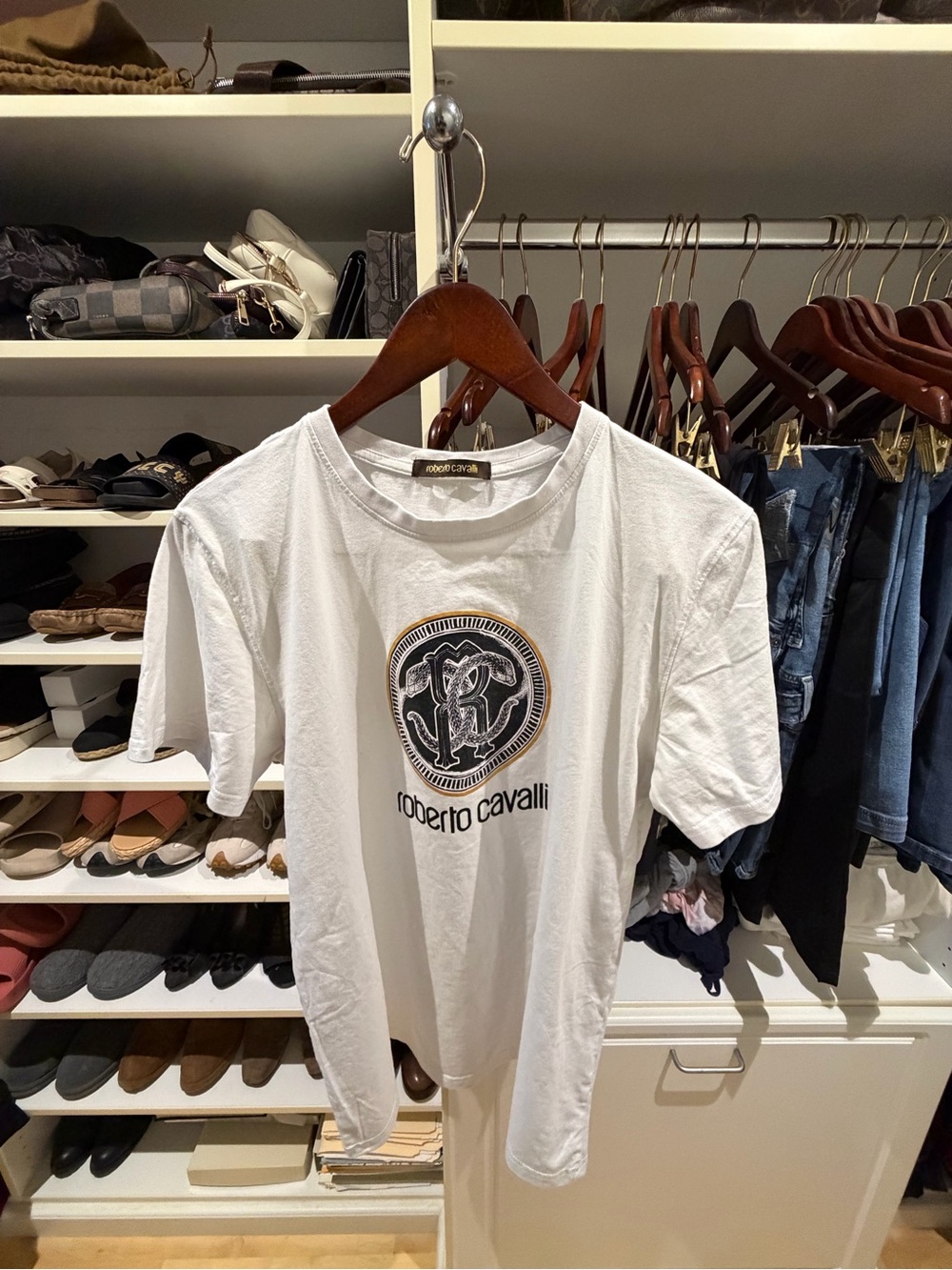 Men’s Roberto Cavalli White Tee with Gold Medallion Snake Logo, Size: XXL